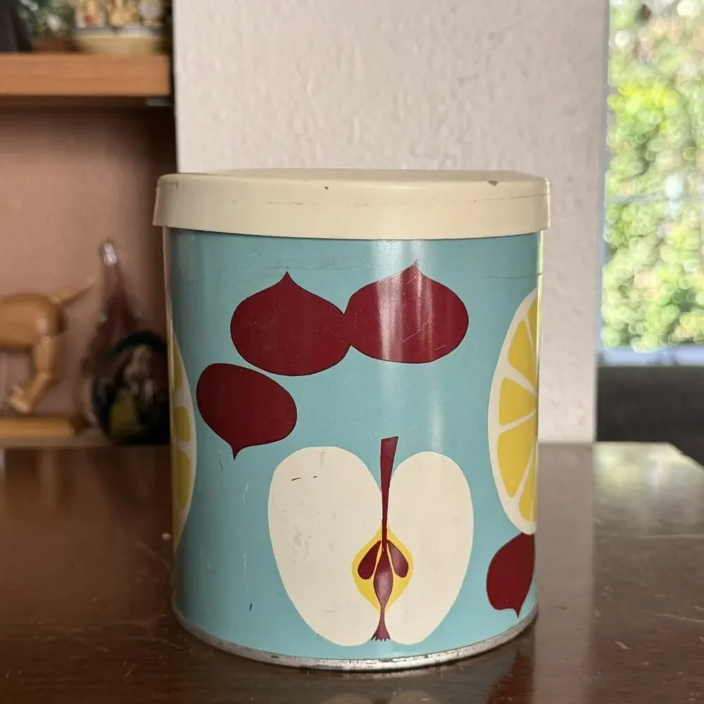 Vintage Metal Yellow Kitchen Canister With Plastic Lid Mid Century Fruit